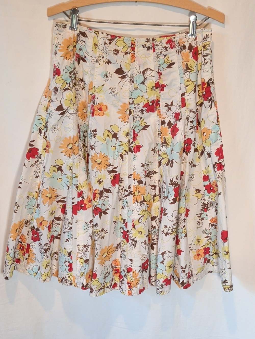 CAbi White Floral Circle Skirt with Red, Yellow & Blue Blossoms